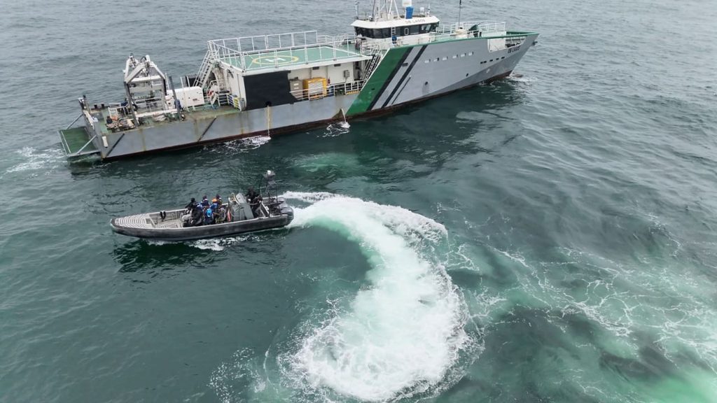 NIMASA Deep Blue fast intervention vessel alongside the Special mission vessel DB Abuja at sea during operation Blue-Green